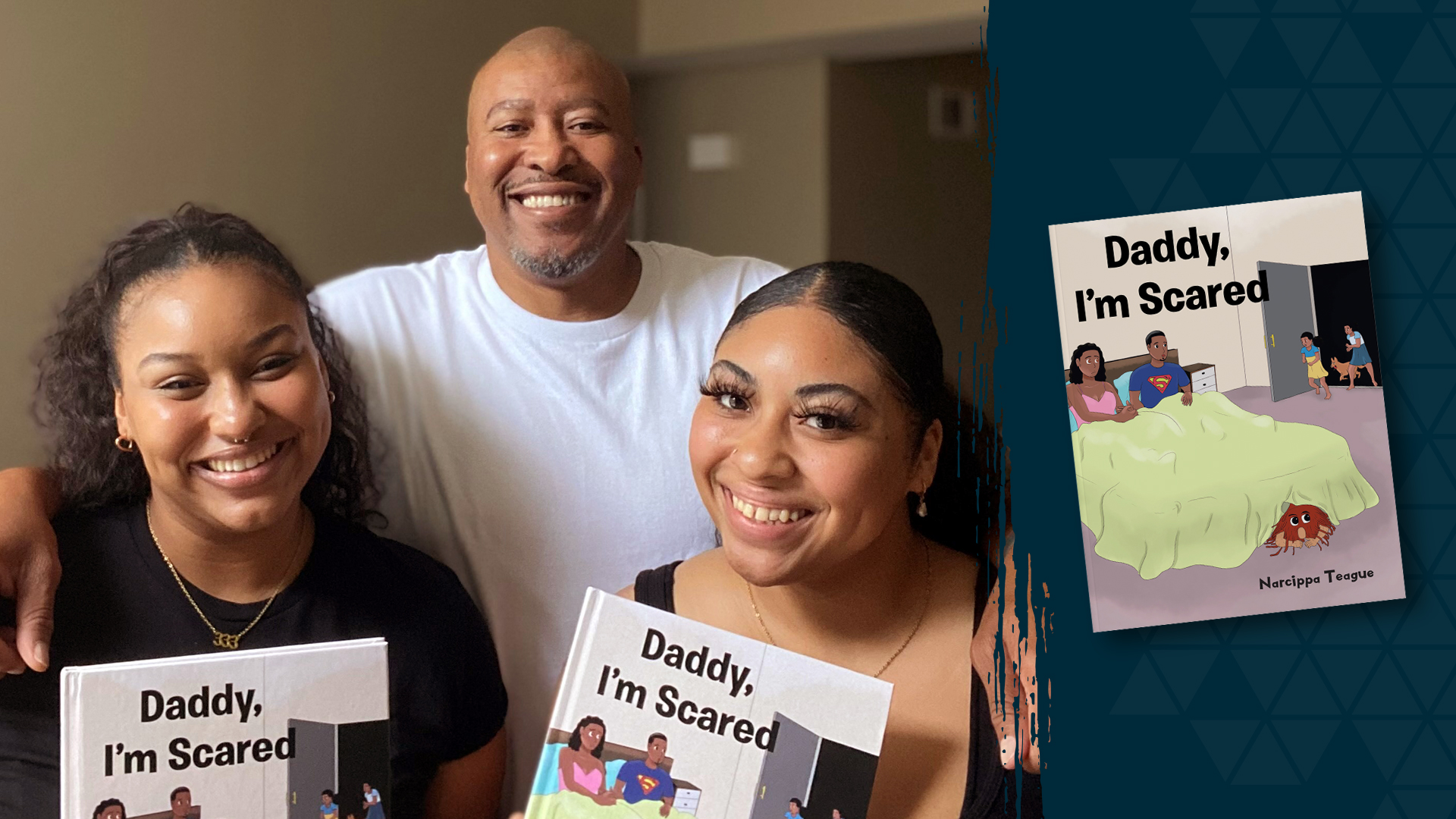 Narcippa Teague poses with his daughters Lisa and Lizette, who are each holding a copy of the book Teague wrote about their experiences together. The full front cover of the book is shown at right.