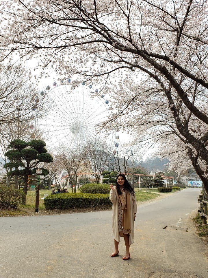 A college student stands in front of a giant Ferris Wheel in South Korea.