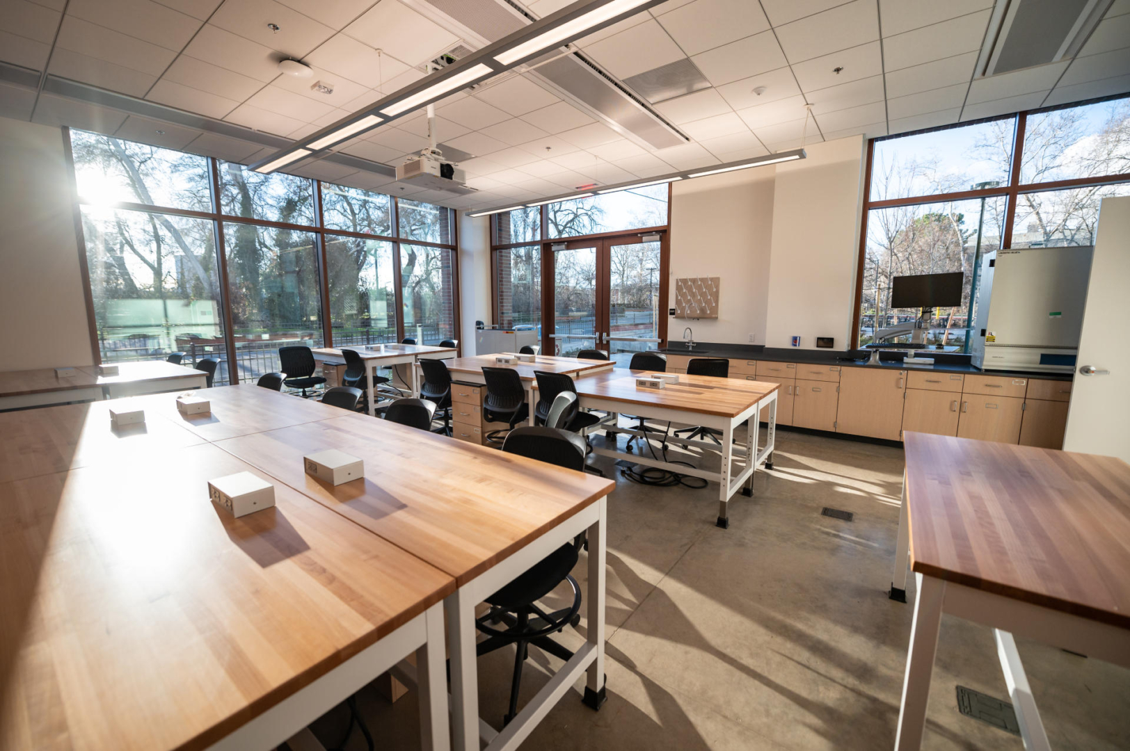 Groups of desks are illuminated by light streaming in wide floor to ceiling windows in a classroom in the new Science Building.