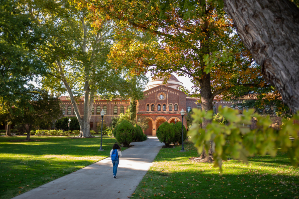 Kendall Hall is framed by trees as a student walks up its entry path.