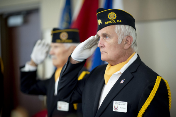 Military veterans salute during a ceremony honoring veterans.