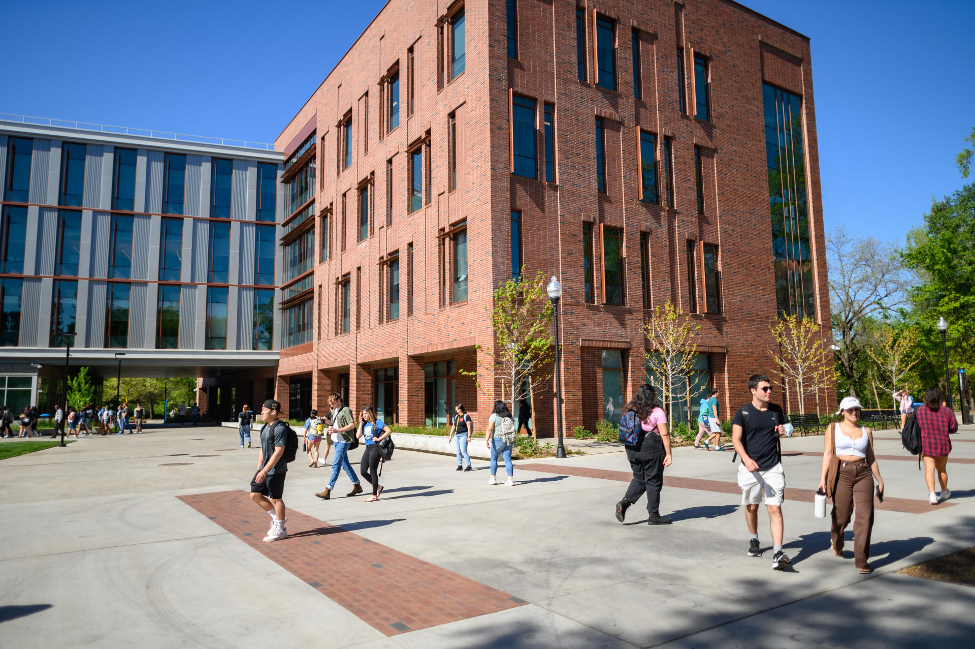 College students walk past an academic building on a cloudless sunny day.