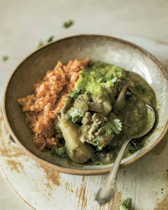 A bowl of pipian has red Spanish rice, chunks of oyster mushrooms, and a bright green sauce.