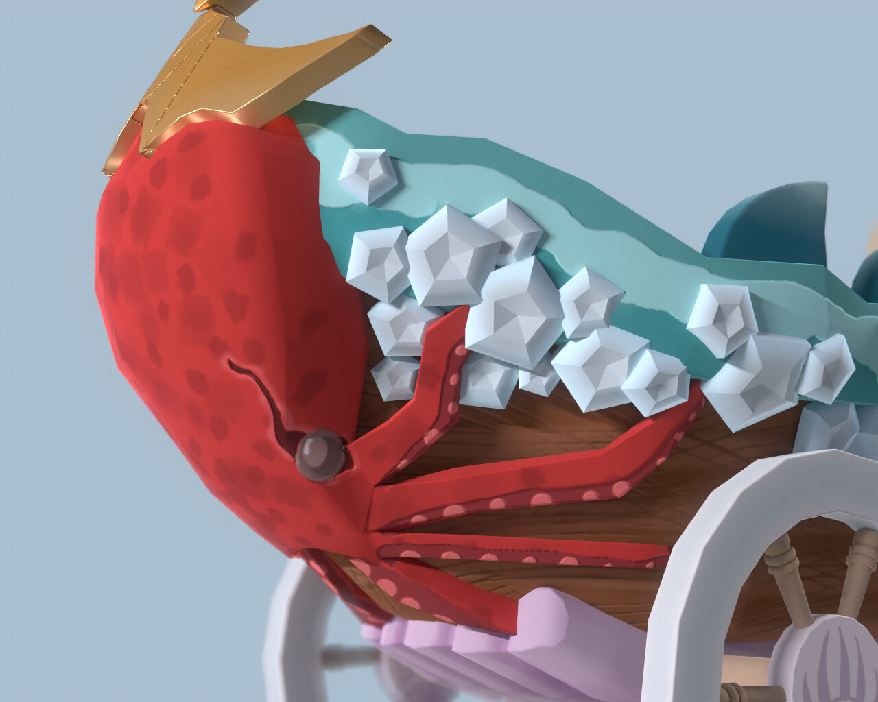 A computer-generated, three-dimensional element to a video game depicts a Greek-themed chariot with an octopus on the leading edge.
