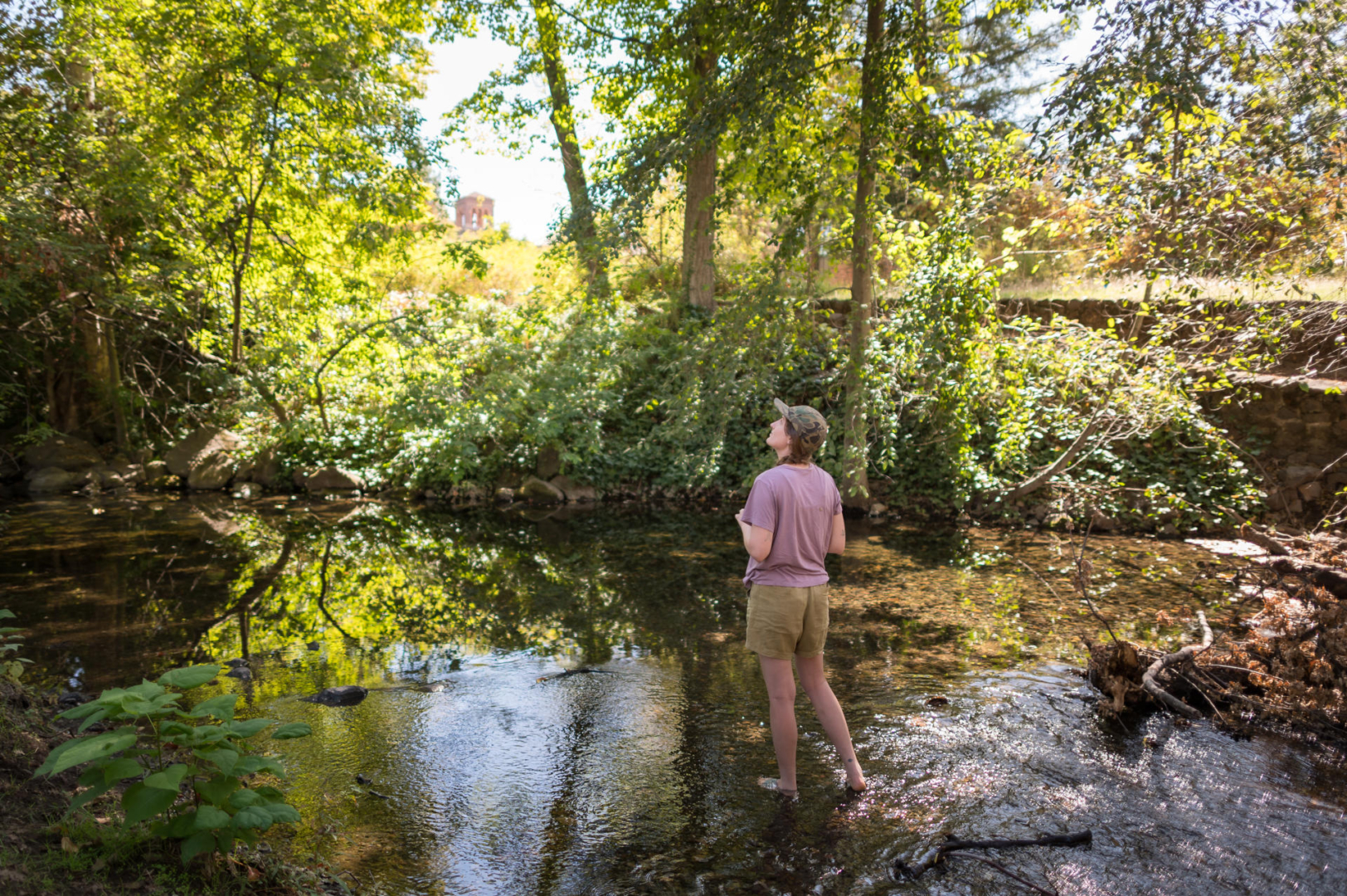 Blake Ellis stands barefoot in a creek while staring up at trees