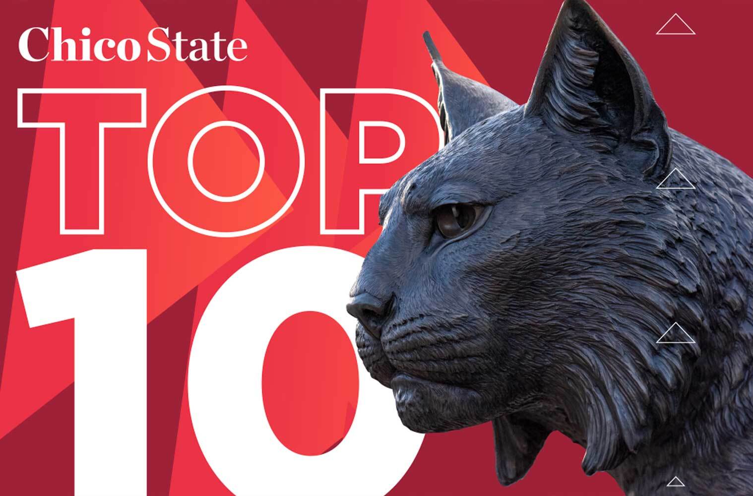 The Chico State wildcat logo is in the foreground of an image with a red background