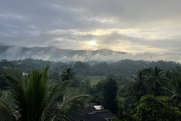 Low-lying clouds hover over a green valley amid a sunrise in Sri Lanka