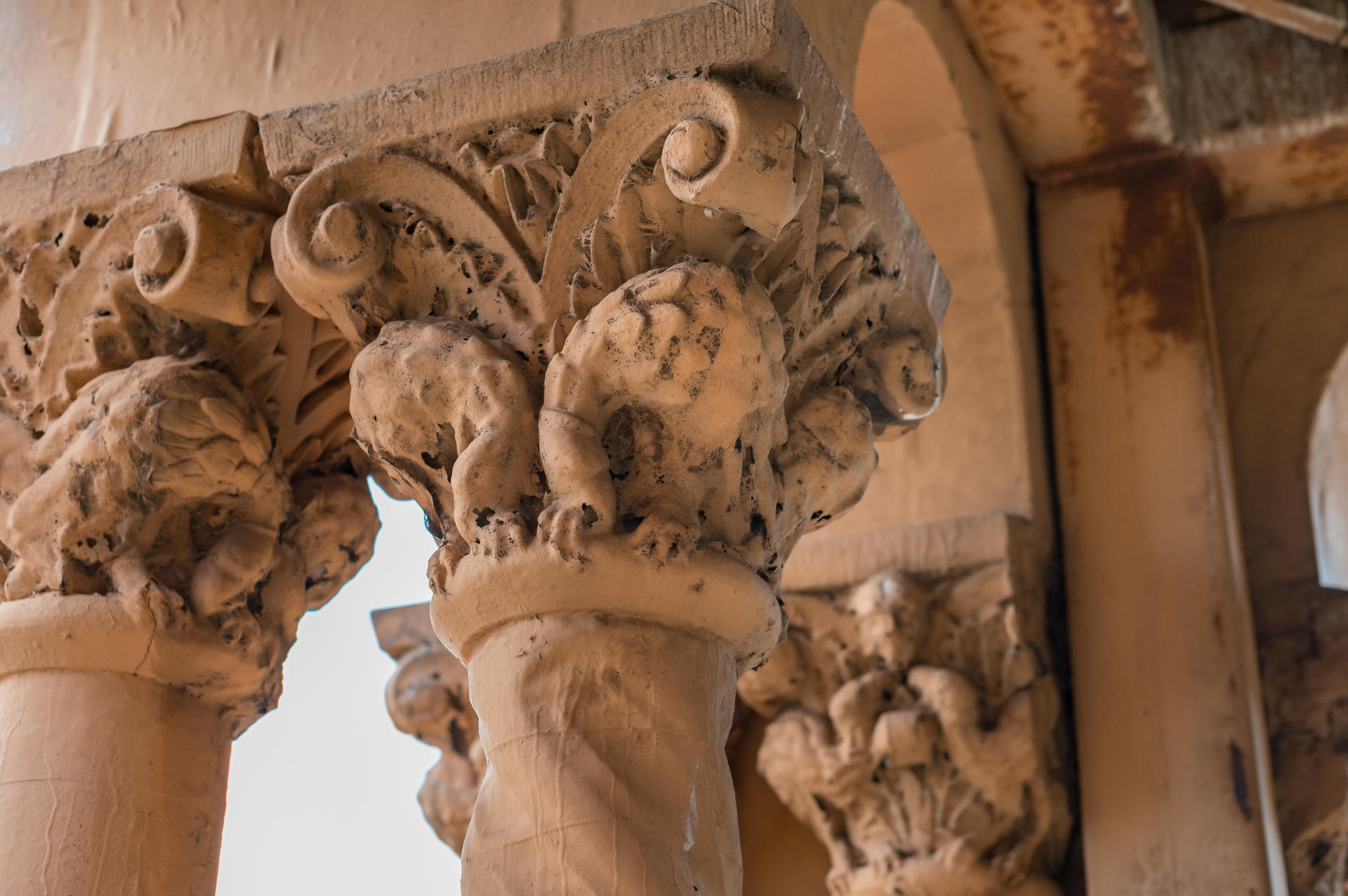 Architectural details of columns on the exterior of an academic building