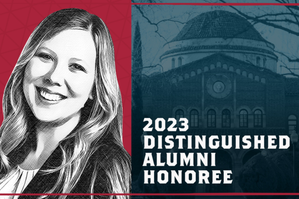 Stylish photo of Haley Willis next to words that say 2023 Distinguished Alumni Honoree