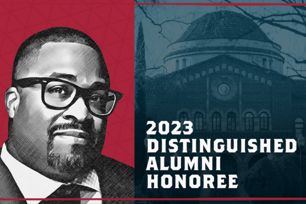 Stylish photo of Rick Callender next to words that say 2023 Distinguished Alumni Honoree