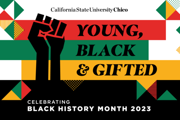 A graphic design with a traditional African flag, a raised fist and the words, "Young, Black, and Gifted," celebrating Black History Month 2023"