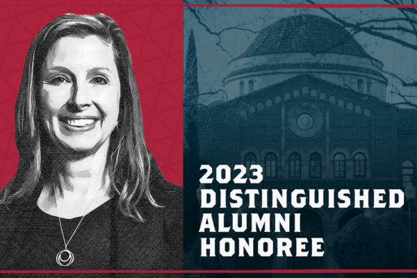 Photo of Marti Sutton, alongside an image of Kendall Hall and the phrase "2023 Distinguished Alumni Honoree"
