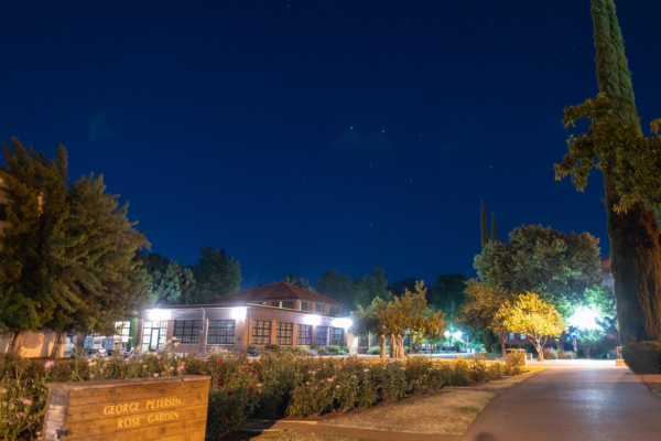 Stars shine in the sky above buildings on a college campus