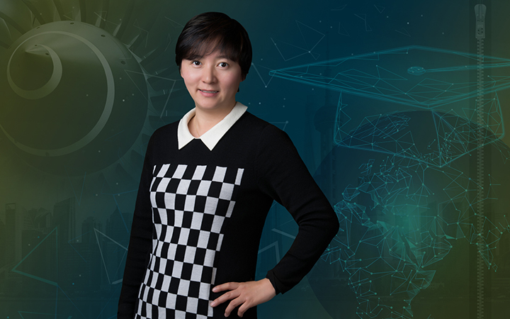 A graphic of Linling Gan with a background of images of a mortarboard, sun, and constellation.