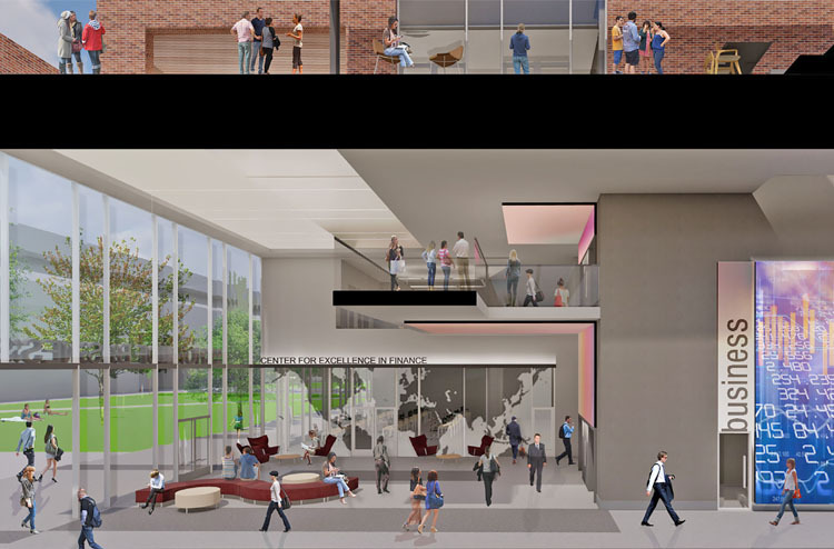 An artist rendering of the lobby of a new building