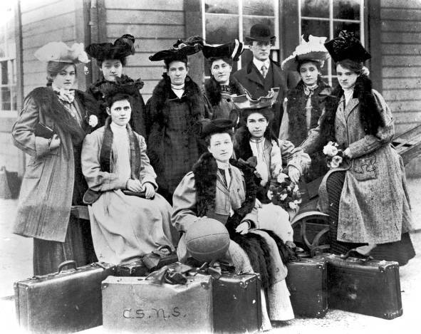 The 1902 Chico State Normal School women's basketball team waits outside of the train station prior to a trip to Reno.