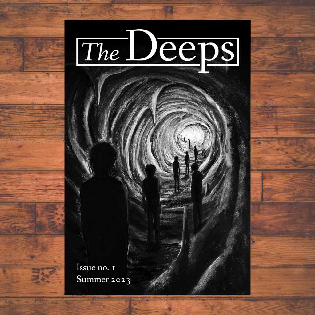 The cover art for The Deeps Issue no. 1, featuring a black and white rendering of what appears to be a long, narrow cave with people walking toward a light at the far end. © 2023 by Red Lagoe
