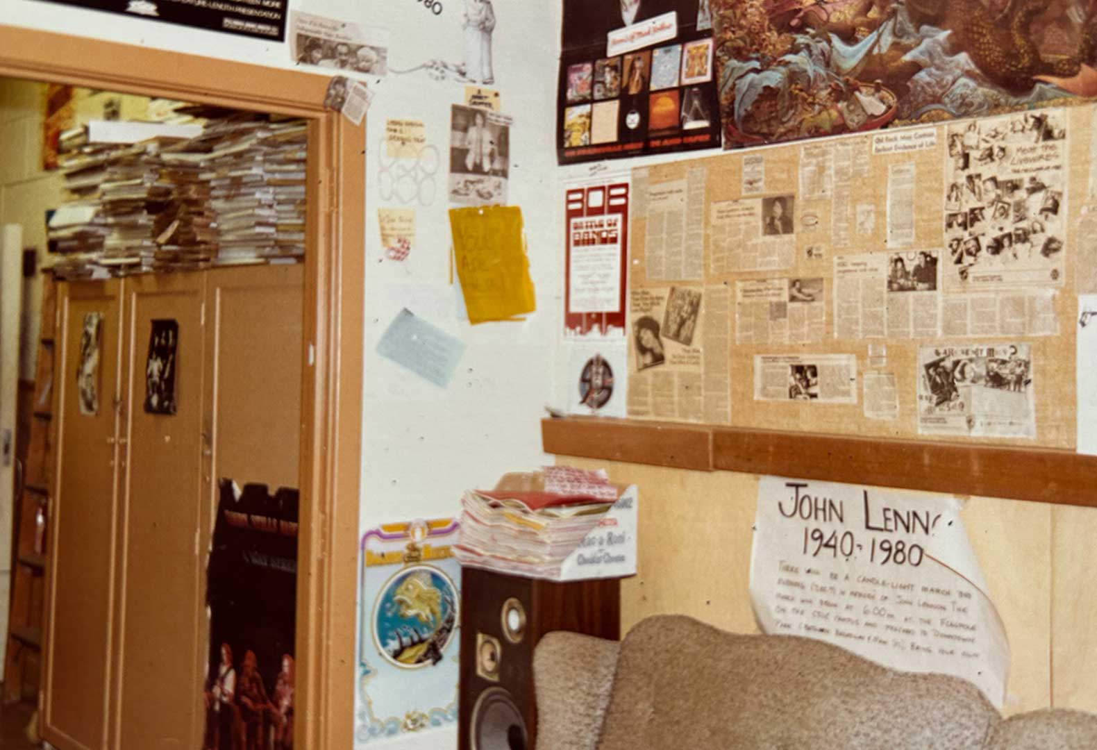 A photo from Ayers Hall in 1982, showing the old room where student employees at KCSC gathered to write and produce radio shows.