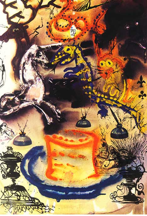 We see brightly colored illustration of the Cheshire Cat by surrealist artist, Salvador Dali, from Alice's Adventures in Wonderland. 