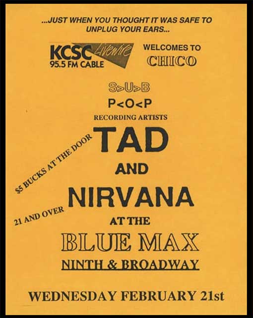 A vintage poster advertising a concert featuring the bands Nirvana and Tad at the Blue Max in Chico, California. 