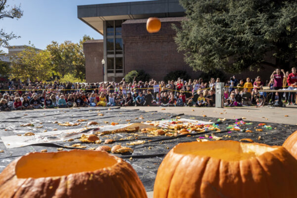 Pumpkins splat on a giant tarp splayed on the ground after they've been dropped from 30 feet in a fun science lesson in physics for schoolchildren