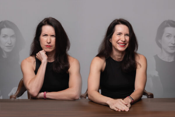 Two photographs of Katie Mercurio, side-by-side; she looks angry on the left and calm on the right.