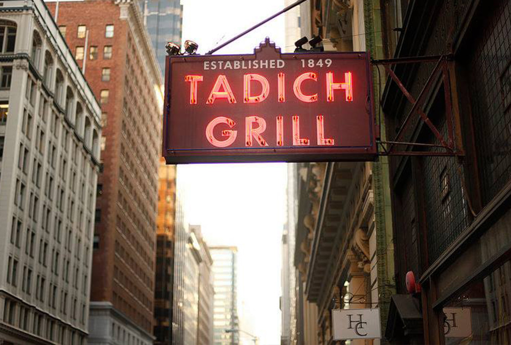 Tadich Grill's neon sign above the restaurant in San Francisco's financial district.