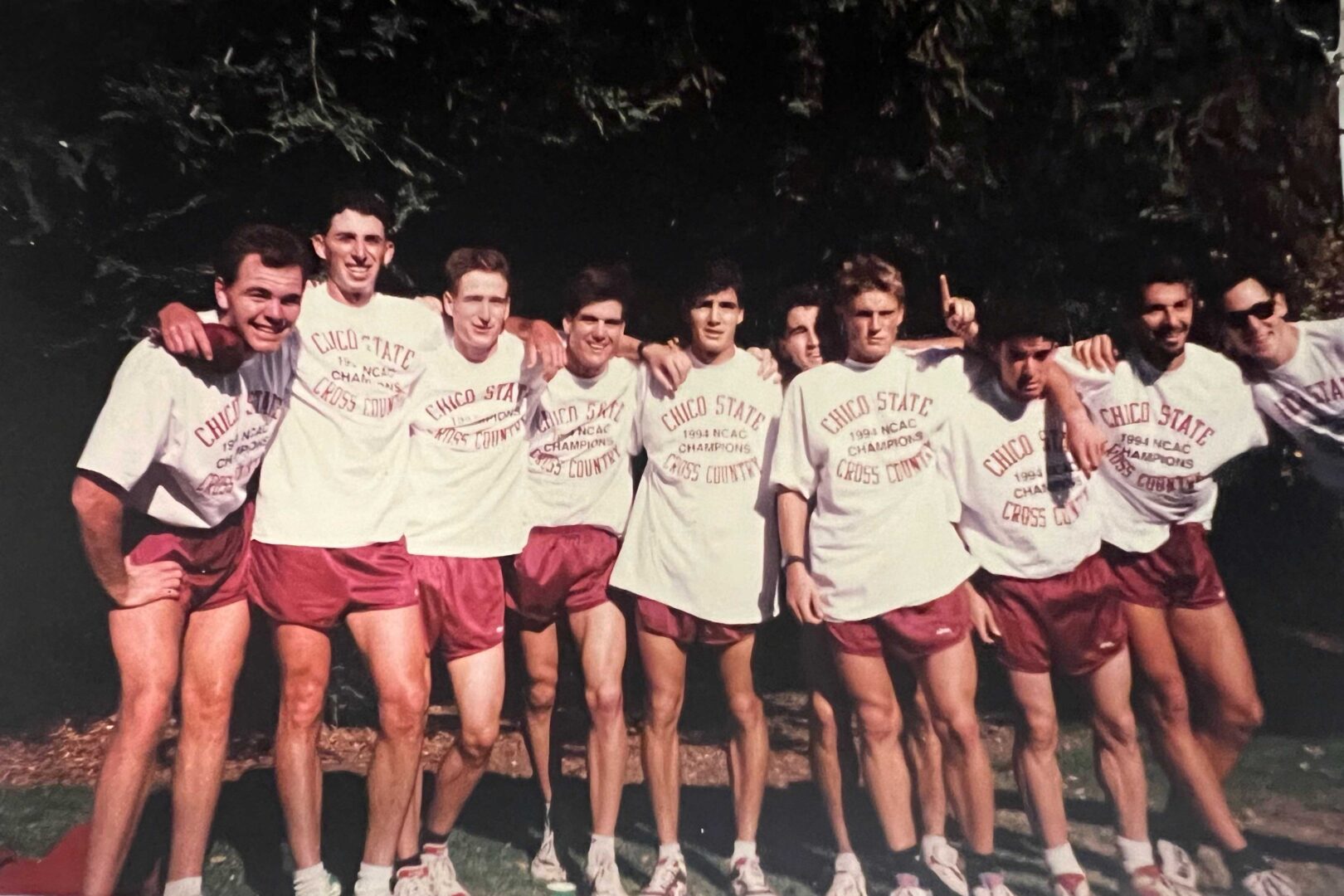 The 1994 Chico State men's cross country Northern California Athletic Conference championship team (from left to right): Kevin Selby, Noah Marcus, Todd Stevens, Sean Gettman, Alvaro Luna, Billy Rickets, Chris Myers, Erick Rickets, Gary Blanco, and assistant coach Gary Towne.