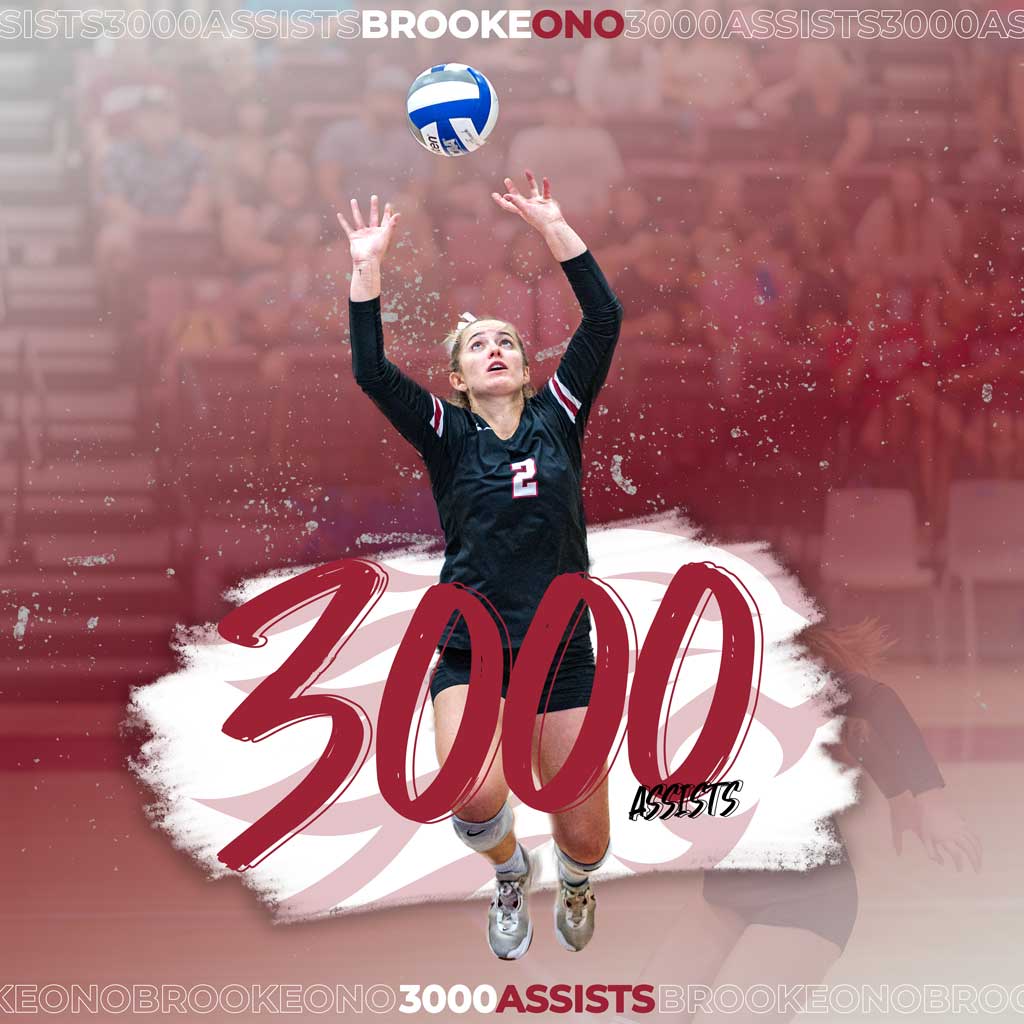 A graphic featuring a photo of Chico State volleyball setter Brooke Ono with information chronicling her 3,000th career assist.
