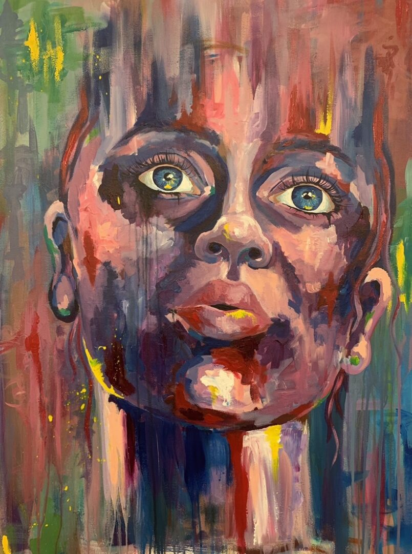 A painting of Kate Minderhoud shows streaks of color around the face of a woman. 