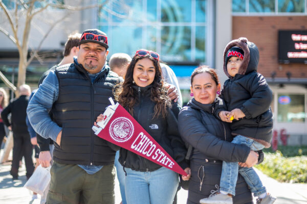 Emerson Reyes, Jasmine Reyes Rodas, Areni Rodas, and Liam Reyes Rodas, 2 (left to right) as prospective students are welcomed to campus to learn about academic programs, explore facilities, and establish community at the Choose Chico event on Saturday, March 25, 2023.