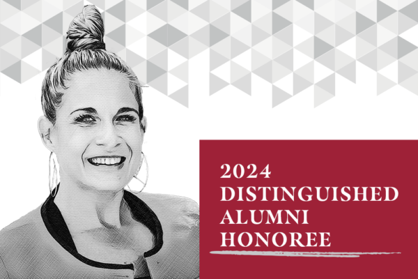 Black and white photo illustration of Alycia Anderson with the words: 2024 Distinguished Alumni Honoree