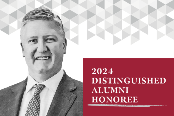 Black and white photo illustration of Stuart Casillas with the words: 2024 Distinguished Alumni Honoree