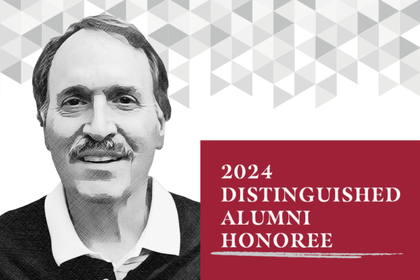 A black and white headshot of Tom Carter with the words, '2024 Distinguished Alumni Honoree' written in white text across a red banner.