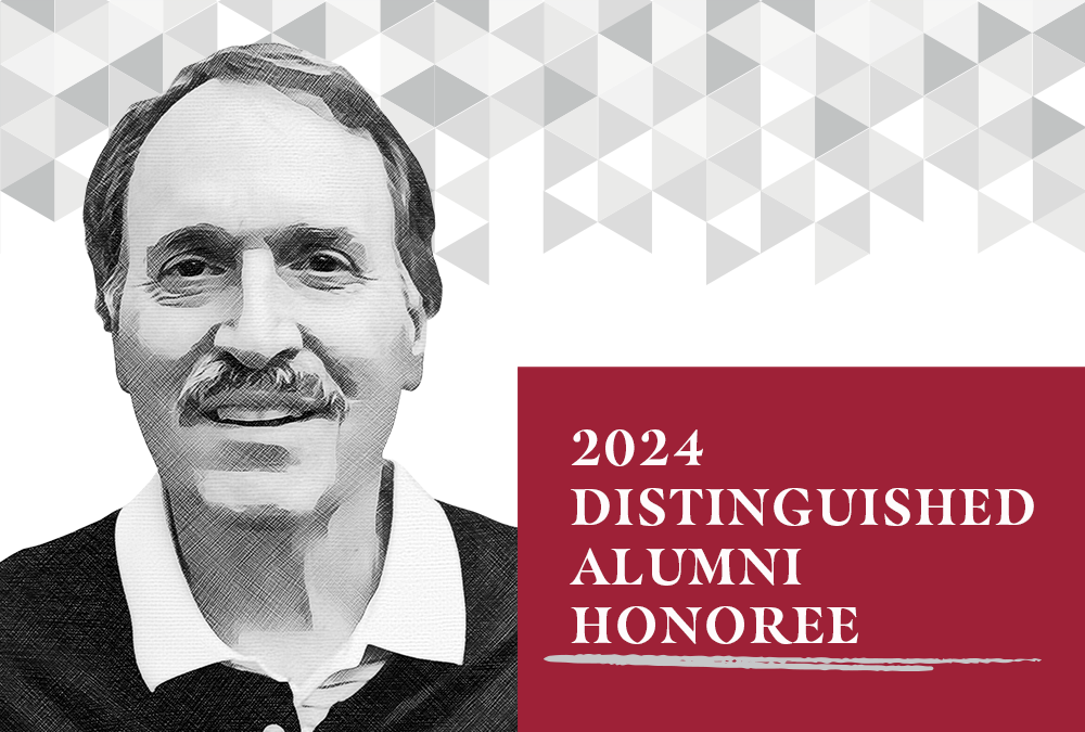 A black and white headshot of Tom Carter with the words, '2024 Distinguished Alumni Honoree' written in white text across a red banner.