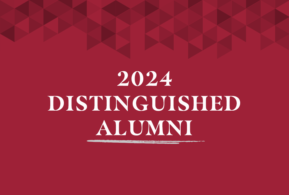 A red banner with the words '2024 Distinguished Alumni' written in white text.