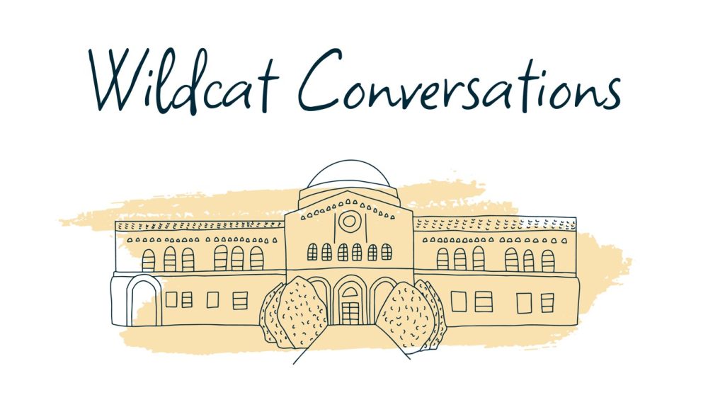 An illustration of Kendall Hall at Chico State, with the words 'Wildcat Conversations' written in whimsical letters above it.