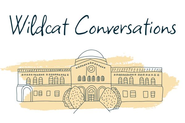 An illustration of Kendall Hall at Chico State, with the words 'Wildcat Conversations' written in whimsical letters above it.
