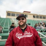 Chico State baseball fan John Brownell pictured in his regular spot at Nettleton Stadium, at the bottom of Section 201.