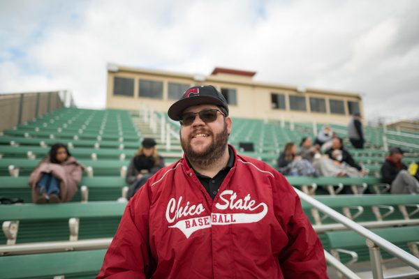 Chico State baseball fan John Brownell pictured in his regular spot at Nettleton Stadium, at the bottom of Section 201.