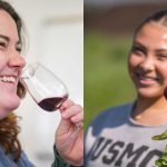 A split photo: one with a person smiling and smelling wine and a the other with a person smiling while holding up a freshly harvested radish.