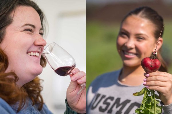 A split photo: one with a person smiling and smelling wine and a the other with a person smiling while holding up a freshly harvested radish.