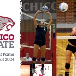 Split Images of two volleyball players next to a graphic that reads, "Chico State Hall of Fame, Class of 2024."