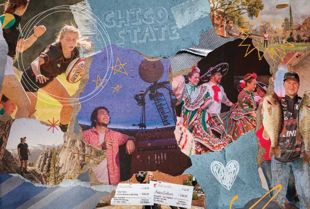 A collage of photos arranged in a scrapbook design show off a range of clubs at Chico State.