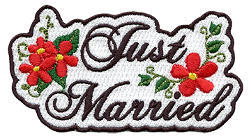 A patch that reads "Just Married" and depicts flowers.
