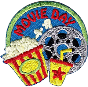 A patch featuring the words "Movie Day" and depicting popcorn, soda, and a film cannister.