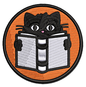 A patch depicting a cat reading a book.