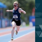 Kym Crosby runs across the finish line during the 100 meter race while competing for team USA during the 2020 Paralympic Games.