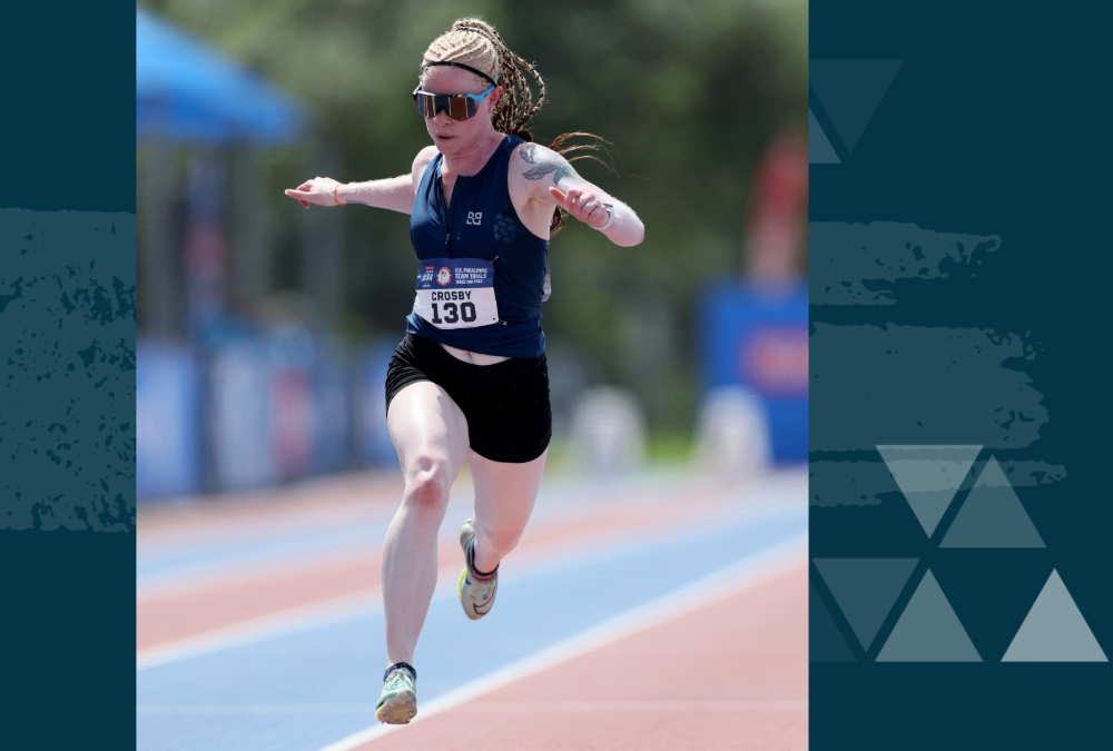 Kym Crosby runs across the finish line during the 100 meter race while competing for team USA during the 2020 Paralympic Games.